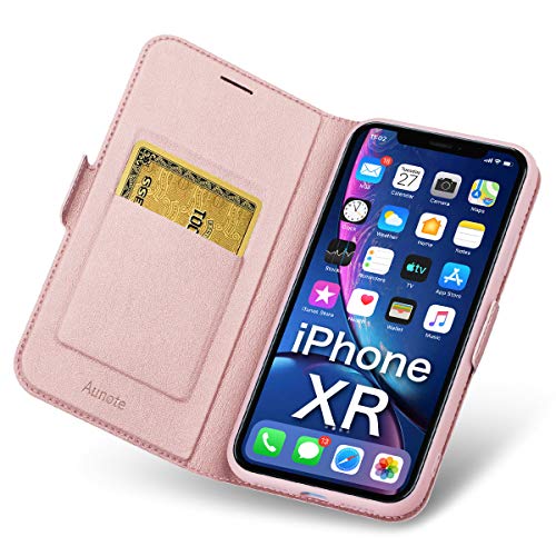 Aunote iPhone XR Wallet Cases, iPhone XR Case with Card Holder, Ultra Slim Flip Folio PU Leather iPhone XR Phone Case, Full Protective Cover XR iPhone Case for Apple 6.1 inch Phone Rose Gold