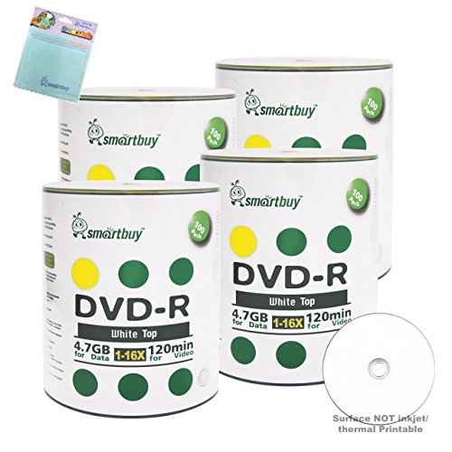 Smartbuy 400-disc 4.7GB/120min 16x DVD-R White Top Blank Media Record Disc + Free Micro Fiber Cloth