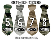 Load image into Gallery viewer, Months In Motion Monthly Baby Tie Stickers - Boy Month Milestone Necktie Sticker - Onesie Month Sticker - Infant Photo Prop for First Year - Shower Gift - Newborn Keepsakes - Camo Camouflage
