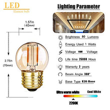 Load image into Gallery viewer, G40 Edison LED Filament Mini Globe Light Bulbs 1W Equivalent to 10Watt Incandescent - E26 Screw Base Led Bulbs Ultra Warm White 2200K Decorative Lighting Non Dimmable Amber Glass
