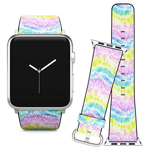 Compatible with Apple Watch iWatch (38/40 mm) Series 5, 4, 3, 2, 1 // Soft Leather Replacement Bracelet Strap Wristband + Adapters // Distorted Rainbow Tie Dye