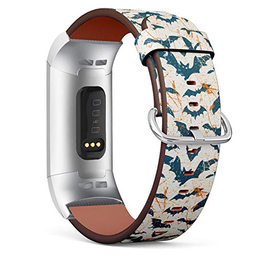 Replacement Leather Strap Printing Wristbands Compatible with Fitbit Charge 3 / Charge 3 SE - Bats Pattern on Grunge Background