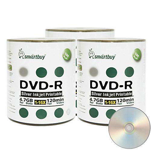 Smartbuy 300-disc 4.7gb/120min 16x DVD-R Silver Inkjet Hub Printable Blank Recordable Media Disc