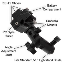 Load image into Gallery viewer, Fotodiox Pro, Optical Triggered Tri Flash Umbrella Bracket with Light Stand Mount
