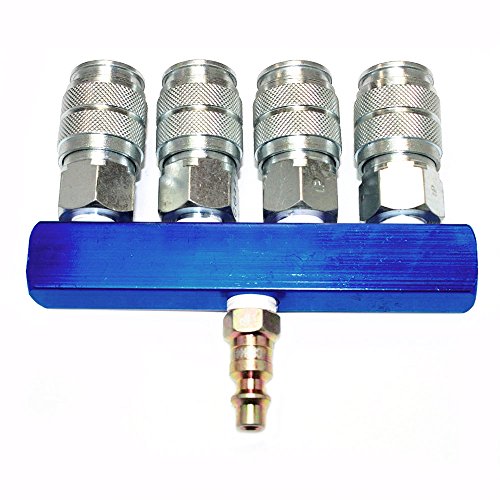 Interstate Pneumatics FPM44S-KG4 Aluminum Rectangular Manifold with Four 1/4 inch Steel Universal Couplers and One 1/4 inch Steel Industrial Plug Kit