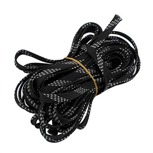 Aexit 8mm Dia Tube Fittings Tight Braided PET Expandable Sleeving Cable Wrap Sheath Black Silver Microbore Tubing Connectors Tone 32Ft