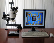 Load image into Gallery viewer, AmScope SM-6TZ-54S-9M Digital Professional Trinocular Stereo Zoom Microscope, WH10x Eyepieces, 3.5X-90X Magnification, 0.7X-4.5X Zoom Objective, 54-Bulb LED Light, Clamping Articulating Arm Stand, 110
