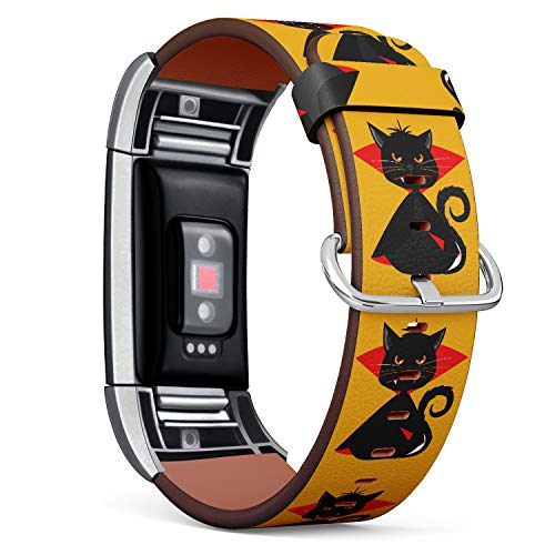 Replacement Leather Strap Printing Wristbands Compatible with Fitbit Charge 2 - Halloween Vampire Black Cat