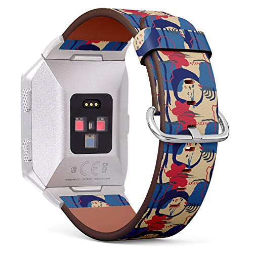 (Abstract Colorful Pattern with Shapes, Lines, Spots, Imprints, dots and Design Elements) Patterned Leather Wristband Strap for Fitbit Ionic,The Replacement of Fitbit Ionic smartwatch Bands