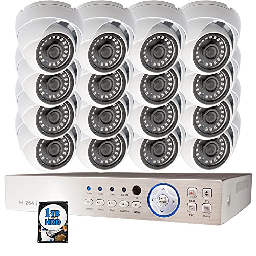 Evertech 16 Channel HD DVR w/ 16 pcs 4in1 AHD TVI CVI Analog 1080p 3.6mm Wide Angle Fixed Iris Lens Dome HD CCTV Home Security Camera System 1TB Hard Drive