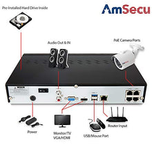 Load image into Gallery viewer, AmSecu Network Video Recorder 1080P UltraHD 4K NVR Kit, (1) 4CH POE NVR &amp; (4) UltraHD 4K 8MP 3.6mm Lens POE Bullet Cameras, Included 1TB Hard Drive, Day and Night Vision IR IP66 Weatherproof H.265
