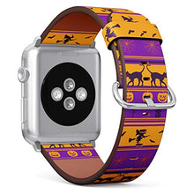 Load image into Gallery viewer, S-Type iWatch Leather Strap Printing Wristbands for Apple Watch 4/3/2/1 Sport Series (38mm) - Halloween Orange Violet Pattern with Pumpkins, Cats, Spider webs, Flying Witches and Bats
