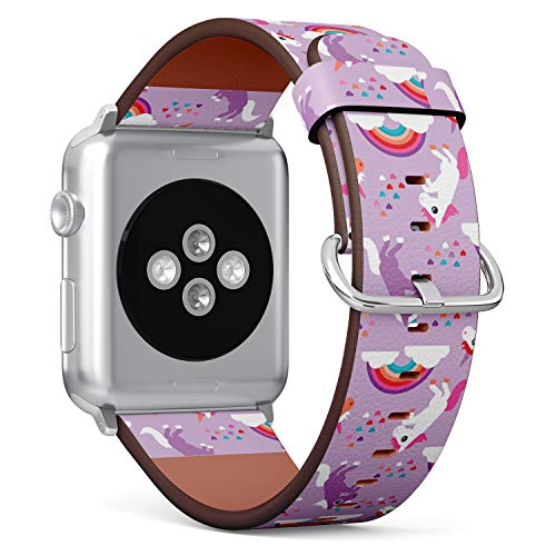 Compatible with Big Apple Watch 42mm, 44mm, 45mm (All Series) Leather Watch Wrist Band Strap Bracelet with Adapters (Violet Rainbow Dancing Unicorn)
