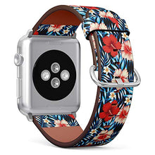 Load image into Gallery viewer, Compatible with Small Apple Watch 38mm, 40mm, 41mm (All Series) Leather Watch Wrist Band Strap Bracelet with Adapters (Red Pink Hibiscus Flower)
