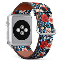 Compatible with Small Apple Watch 38mm, 40mm, 41mm (All Series) Leather Watch Wrist Band Strap Bracelet with Adapters (Red Pink Hibiscus Flower)