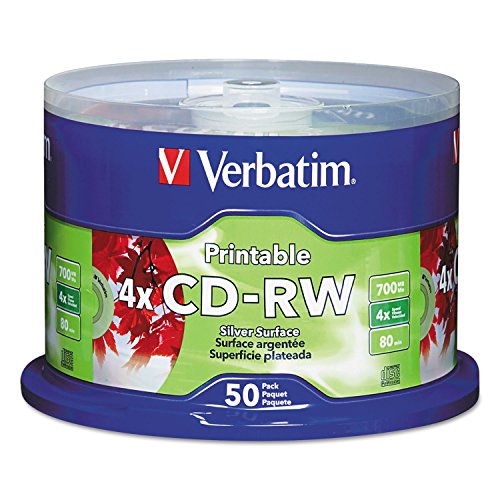 Verbatim 95159 CD-RW Discs, Printable, 700MB/80min, 4x, Spindle, Silver, 50/Pack