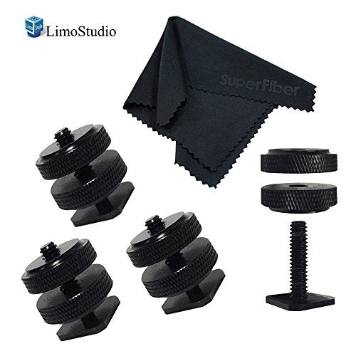 LimoStudio [4 PCS] Mini Double Screw Nut Camera Shoe Mount Adapter for Flash Bracket, Photography Mounting Hardware, Black Cleaning Cloth Included, AGG2333