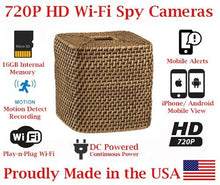 Load image into Gallery viewer, SecureGuard 720p HD WiFi Wireless IP Wicker Tissue Box Hidden Security Nanny Cam Spy Camera with 16GB Memory
