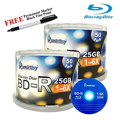 Smartbuy 100-disc 25GB 6X BD-R Blu-Ray Logo Top Blank Media Record Disc + Black Permanent Marker