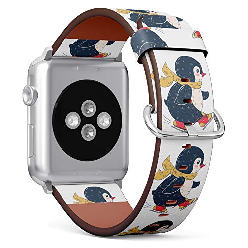 S-Type iWatch Leather Strap Printing Wristbands for Apple Watch 4/3/2/1 Sport Series (42mm) - Winter Illustration with Funny Cartoon Penguin on Skates