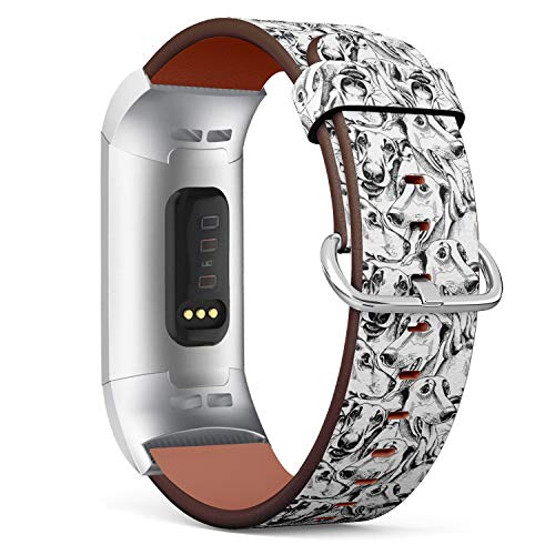Replacement Leather Strap Printing Wristbands Compatible with Fitbit Charge 3 / Charge 3 SE - BW Dog Pattern