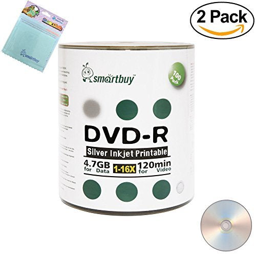 Smartbuy 200-disc 4.7GB/120min 16x DVD-R Silver Inkjet Hub Printable Blank Media Disc + Free Micro Fiber Cloth