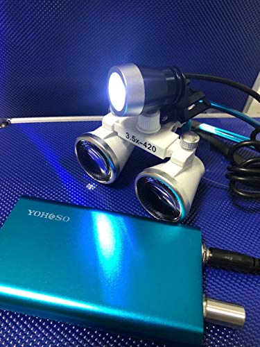 YOHOSO 3.5X 420mm Working Distance Surgical Binocular Loupes Optical Glass LED Headlight Aluminum Box Blue