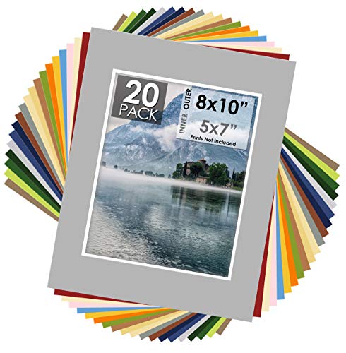 Mat Board Center, Pack of 20 11x14 Mixed Colors White Core Picture Mats for 8x10 Photos