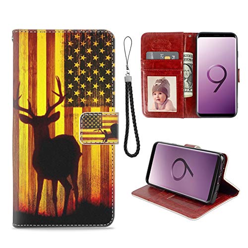 GackCase Wallet Case Designed for Samsung Galaxy S9 Plus American Flag Buck Protective PU Leather Flip Cover with Credit Card Slots and Side Cash Pocket+Magnetic Clasp Closure