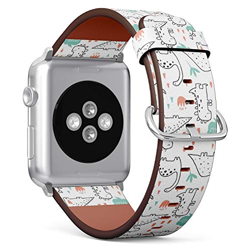 Compatible with Small Apple Watch 38mm, 40mm, 41mm (All Series) Leather Watch Wrist Band Strap Bracelet with Adapters (Cute Dinosaurs Tropic Plants Funny)