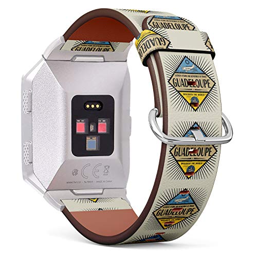 (Stamp or Vintage Emblem with Airplane, Compass and Text Guadeloupe) Patterned Leather Wristband Strap for Fitbit Ionic,The Replacement of Fitbit Ionic smartwatch Bands