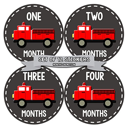 Months in Motion Baby Monthly Stickers - Baby Milestone Stickers - Newborn Boy Stickers - Month Stickers for Baby Boy - Baby Boy Stickers - Newborn Monthly Milestone Stickers - Fire Engine Truck