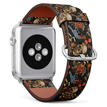 Load image into Gallery viewer, Compatible with Big Apple Watch 42mm, 44mm, 45mm (All Series) Leather Watch Wrist Band Strap Bracelet with Adapters (Embroidery Skulls Guns Dice)
