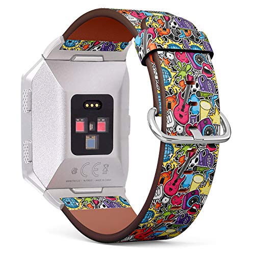 (Musical Instruments, Symbols and Bombs in Cartoon Style) Patterned Leather Wristband Strap for Fitbit Ionic,The Replacement of Fitbit Ionic smartwatch Bands