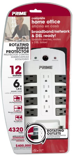 Prime PB504140 12-Outlet 8 Rotating 4320J with RJ11, RJ45, Coax and 6-Foot Cord, White