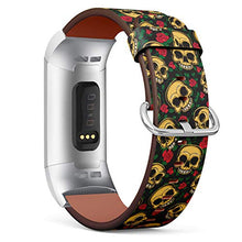 Load image into Gallery viewer, Replacement Leather Strap Printing Wristbands Compatible with Fitbit Charge 3 / Charge 3 SE - Rose Floral Skull Pattern
