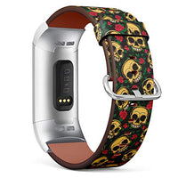 Replacement Leather Strap Printing Wristbands Compatible with Fitbit Charge 3 / Charge 3 SE - Rose Floral Skull Pattern