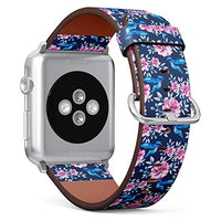 S-Type iWatch Leather Strap Printing Wristbands for Apple Watch 4/3/2/1 Sport Series (42mm) - Floral Pattern with Blue and Pink Flowers and Hummingbirds