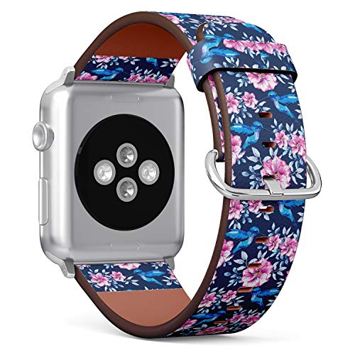 S-Type iWatch Leather Strap Printing Wristbands for Apple Watch 4/3/2/1 Sport Series (38mm) - Floral Pattern with Blue and Pink Flowers and Hummingbirds