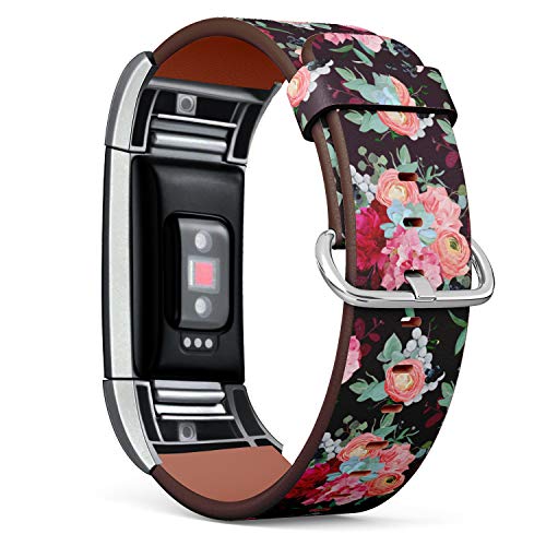Replacement Leather Strap Printing Wristbands Compatible with Fitbit Charge 2 - Vintage Floral Pattern