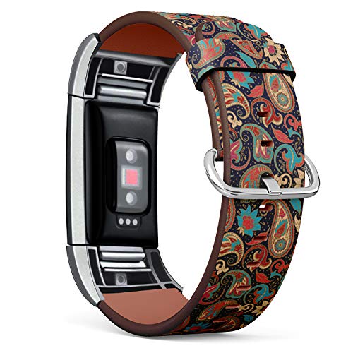 Replacement Leather Strap Printing Wristbands Compatible with Fitbit Charge 2 - Decorative Pattern of Ethnic Paisley