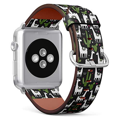 S-Type iWatch Leather Strap Printing Wristbands for Apple Watch 4/3/2/1 Sport Series (38mm) - Llama, Cactus and Hearts Hand Drawn Backdrop Pattern