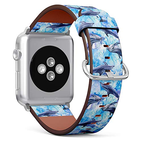 Compatible with Small Apple Watch 38mm, 40mm, 41mm (All Series) Leather Watch Wrist Band Strap Bracelet with Adapters (Sea Blue Dolphins)