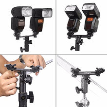 Load image into Gallery viewer, EXMAX E2 Adjustable Double Flash Bracket Dual Hot Shoe Speedlight Stand Umbrella Holder Light Stand Bracket Mount 1/4&quot; to 3/8&#39;&#39; for Studio Video DSLR Camera Canon Nikon Yongnuo
