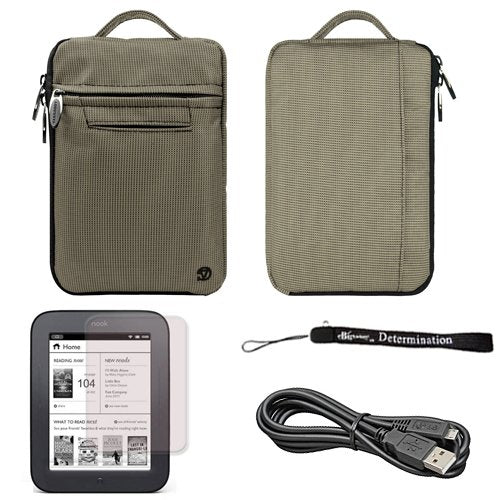 Gray Mighty Nylon Jacket Slim Compact Protective Sleeve Bag Case for Barnes and Noble Nook Simple Touch eBook Reader BNRV300 and Black Micro USB Cable and Screen Protector and Hand Strap