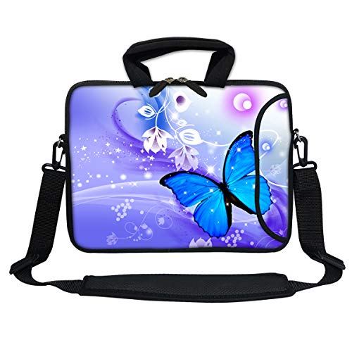 Meffort Inc 11.6 12 Inch Neoprene Laptop Bag with Extra Side Pocket & Shoulder Strap Fits 10 to 12 Inch Size Notebook Computer - Blue Purple Butterfly