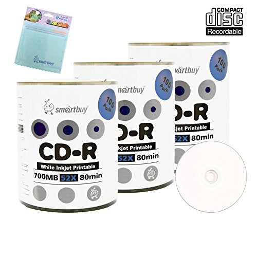 Smartbuy 300-disc 700mb/80min 52x CD-R White Inkjet Hub Printable Recordable Disc + Free Micro Fiber Cloth