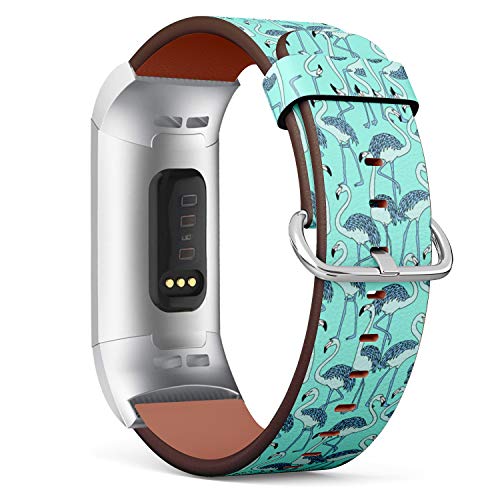 Replacement Leather Strap Printing Wristbands Compatible with Fitbit Charge 3 / Charge 3 SE - Flamingo Pattern on Turquoise Background