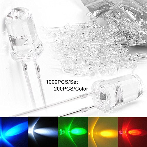 Mallofusa 1000pcs 5mm Round Water LED Lights Emitting Diode Bulbs Assorted Kit Super Bright Lamp Kit Red/Green/Blue/Yellow/White