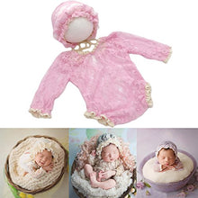 Load image into Gallery viewer, Baby Photography Props Lace Hats Rompers Newborn Girl Photo Shoot Outfits Hat Set Infant Princess Costume (Pink)
